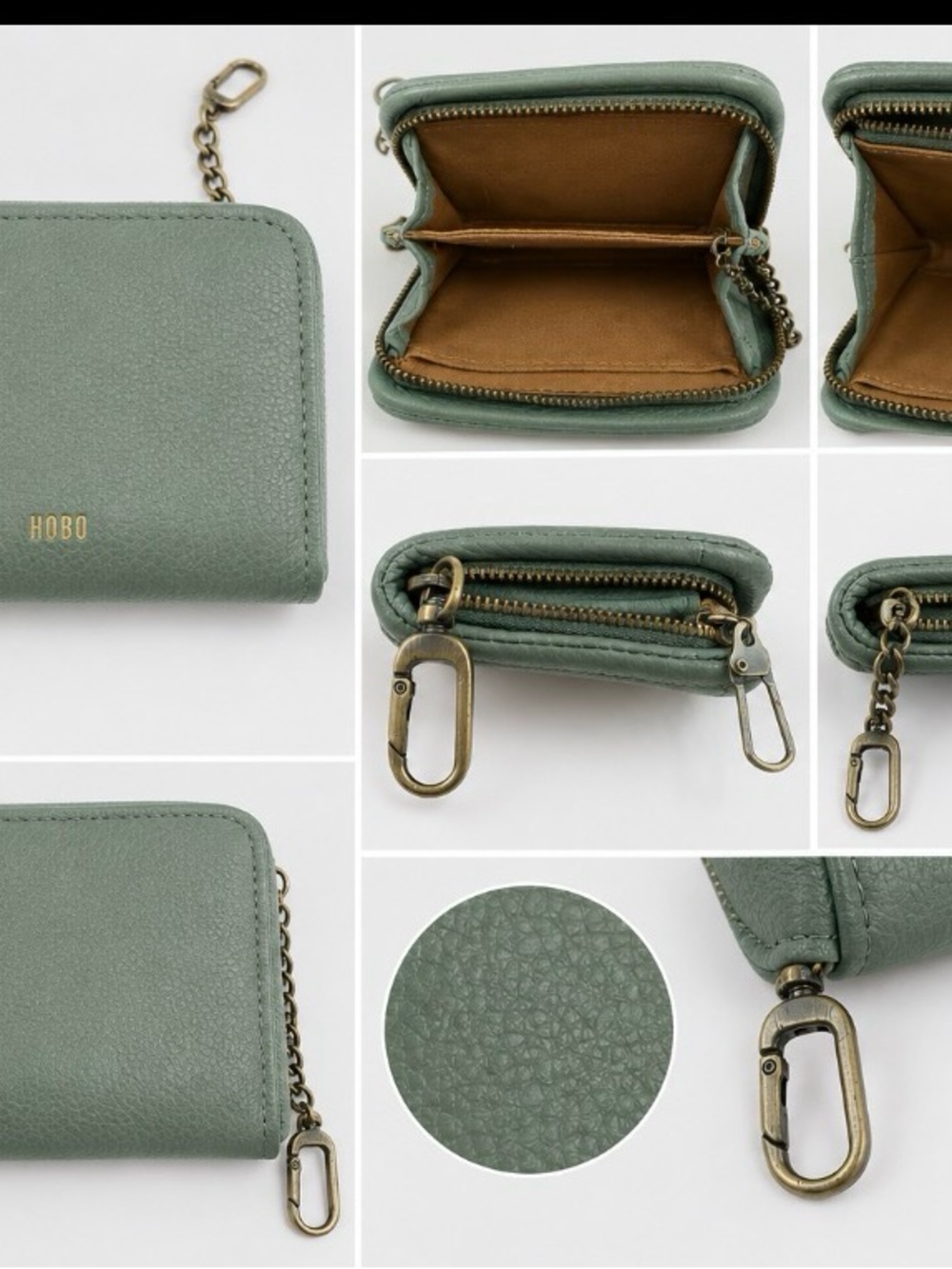 HOBO Sage Green Leather Zip Coin Wallet with Chain